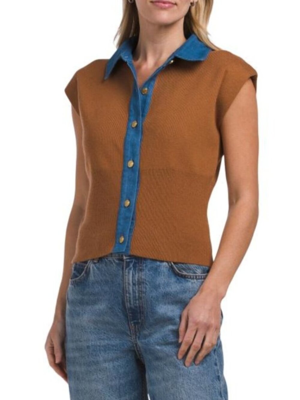 RIO & RIAN Collared Neck Sleeveless Button Up Cardigan With Denim Trim